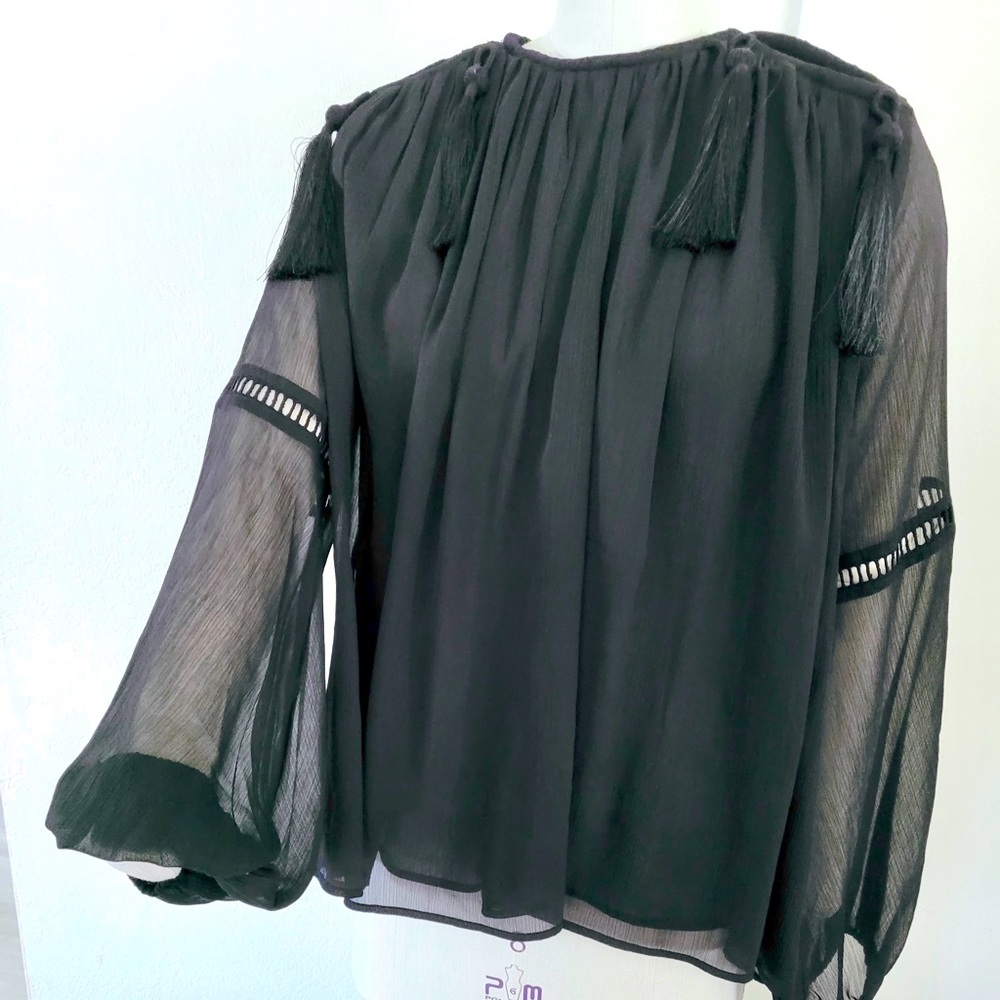 H&M chiffon puff sleeve blouse with tassels
